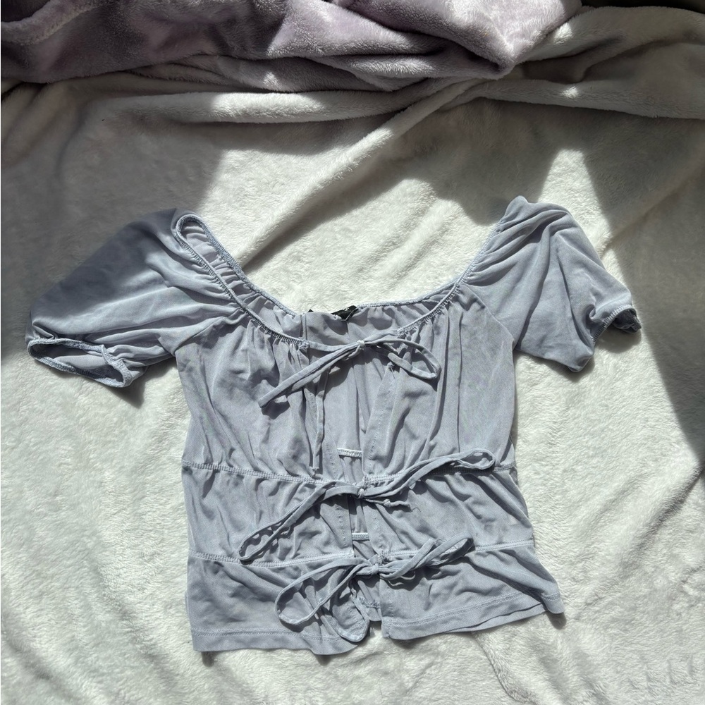 Liz & Sara Blue Gray Women's tie front elastic micro mesh crop Top